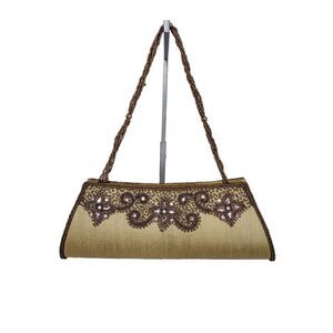 Vintage Gold Silk Embroidered Seed Bead Strap Rhinestone Embellished Clutch